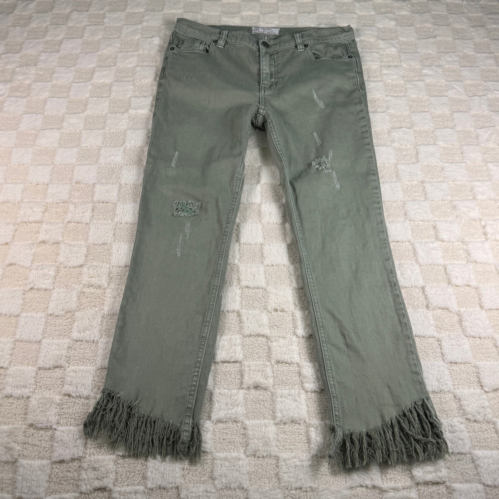 Free People Distressed Fringed Hem Skinny Jeans Sage Green Size 26